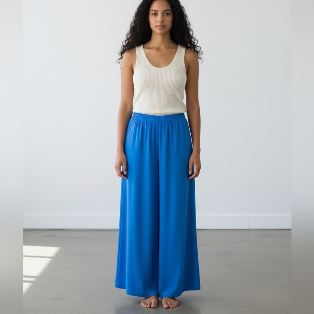 Stylive Blue Crepe Wide Leg Palazzo Pants Medium Floor Length Resort Chic